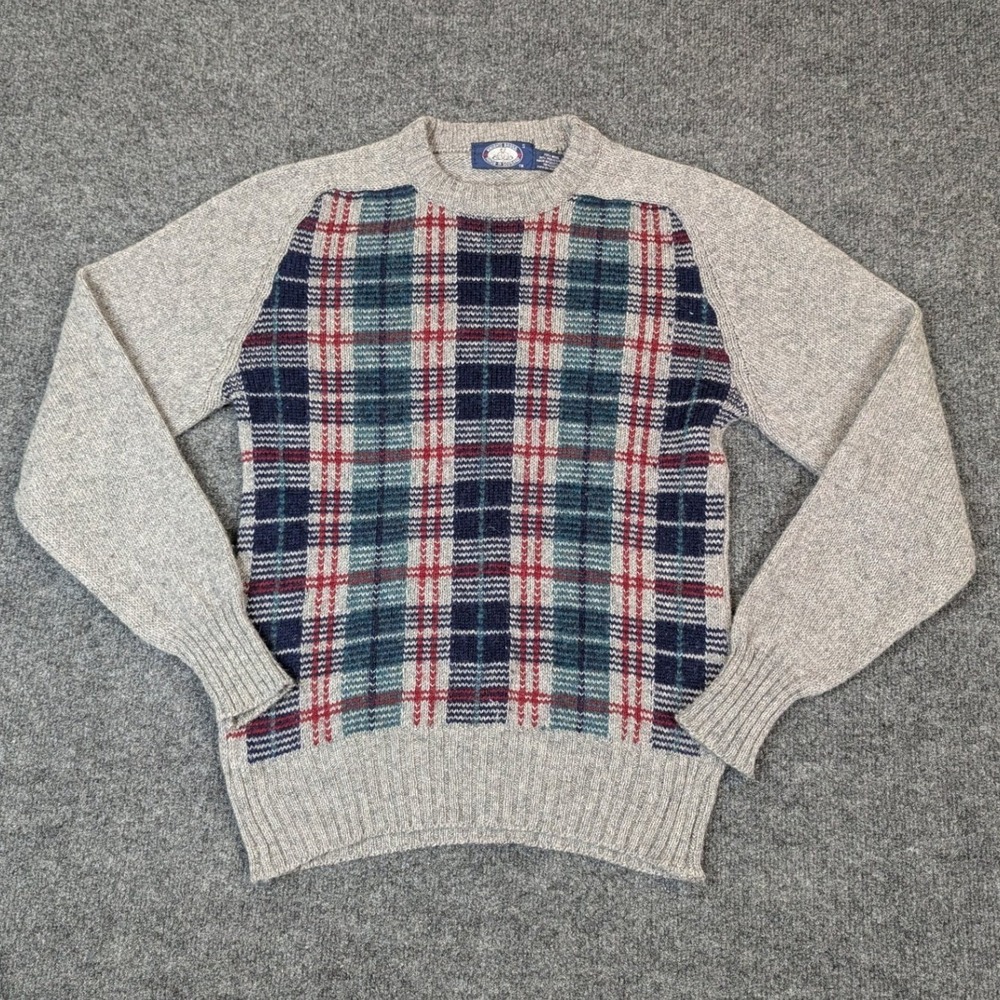 Knights Bridge Mens Small Gray Plaid Wool Blend Crewneck Sweater Madein Scotland